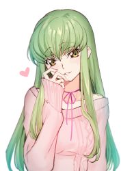 Rule 34 | 1girl, bare shoulders, c.c., choker, code geass, creayus, green hair, hand on own face, hand up, head tilt, heart, long hair, long sleeves, looking at viewer, off-shoulder sweater, off shoulder, parted lips, pink choker, pink sweater, ribbon choker, sidelocks, simple background, sleeves past wrists, smile, solo, sweater, upper body, very long hair, white background, yellow eyes