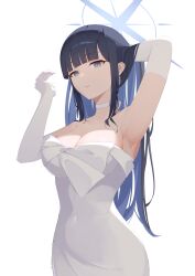 Rule 34 | 1girl, arm behind head, armpits, bare shoulders, black hair, blue archive, blue eyes, blue halo, breasts, choker, cleavage, colored inner hair, dress, elbow gloves, gloves, halo, highres, large breasts, long hair, multicolored hair, official alternate costume, saori (blue archive), saori (dress) (blue archive), seductive smile, simple background, smile, solo, sotomie, strapless, strapless dress, white choker, white dress, white gloves