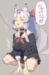 1girl :3 alternate_costume animal_ear_fluff animal_ears arm_support black_serafuku black_shirt black_skirt bow breasts collar commentary_request curtained_hair fox_ears fox_girl full_body grey_background hair_bow hair_intakes happy highres large_breasts leash long_hair long_sleeves low-tied_sidelocks neckerchief open_mouth ponytail red_bow red_neckerchief sailor_collar school_uniform serafuku shirt shoes simple_background skirt solo speech_bubble squatting tail tail_wagging toriniku29 touhoku_itako translation_request voiceroid white_sailor_collar