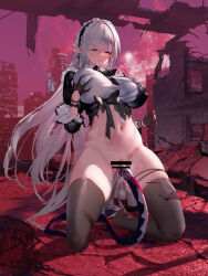 Rule 34 | 1girl, bar censor, black bow, black dress, black gloves, black hairband, black thighhighs, bottomless, bow, breasts, building, censored, city, closed eyes, closers, commentary request, deep skin, dress, frilled hairband, frills, full moon, gloves, grabbing own breast, hair between eyes, hairband, half gloves, highres, huge breasts, huge moon, kneeling, large breasts, levia (closers), long hair, moon, no shoes, outdoors, panties, pointy ears, post-apocalypse, pussy, pussy juice, red moon, ruins, shirt, skindentation, sleeves past elbows, solo, swd3e2, tearing up, tentacles, thigh strap, thighhighs, torn clothes, torn dress, underwear, unworn panties, vaginal, very long hair, white hair, white shirt