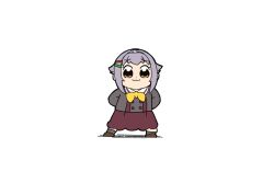 Rule 34 | 1girl, :3, arms behind back, bkub (style), bow, brown eyes, brown footwear, brown skirt, chibi, closed mouth, commentary request, grey hair, grey jacket, grey socks, hair flaps, hair intakes, hair ornament, hairclip, idolmaster, idolmaster cinderella girls, jacket, koshimizu sachiko, looking at viewer, poptepipic, shadow, shoes, simple background, skirt, socks, solo, standing, voice actor connection, white background, yellow bow, yukie (kusaka shi)