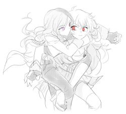 Rule 34 | 2girls, breasts, brown eyes, cleavage, commentary request, fingerless gloves, gloves, hug, hug from behind, mugupo, multiple girls, neo politan, parasol, pink eyes, red eyes, rwby, umbrella, yang xiao long