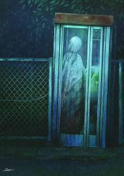 Rule 34 | 1other, chain-link fence, dark, fence, fracoco, ghost, grass, highres, horror (theme), night, original, other focus, outdoors, phone booth, signature, solo, teruterubouzu