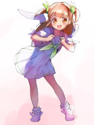 Rule 34 | 10s, 1girl, :d, animal slippers, bobby socks, brown eyes, brown hair, rabbit, bunny slippers, dress, fantasista doll, highres, nyama, open mouth, sailor dress, sandals, short hair, slippers, smile, socks, solo, twintails, two side up, uno miko