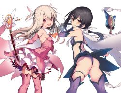 Rule 34 | 2girls, :d, arm up, ass, bare shoulders, black hair, boots, breasts, cape, detached sleeves, dress, elbow gloves, fate/kaleid liner prisma illya, fate (series), feather hair ornament, feathers, feet out of frame, from side, gloves, feather hair ornament, hair ornament, highleg, highleg leotard, highres, holding, holding wand, illyasviel von einzbern, kaleidostick, leotard, long hair, looking at viewer, looking to the side, low twintails, magical girl, magical ruby, magical sapphire, miyu edelfelt, multiple girls, open mouth, orange eyes, pink dress, pink feathers, pink gloves, pink legwear, prisma illya, purple eyes, santa (sunflower), sidelocks, simple background, skindentation, small breasts, smile, standing, thigh boots, thighhighs, thighlet, twintails, twisted torso, two side up, underwear, wand, white background, white gloves, wind, wind lift, x hair ornament