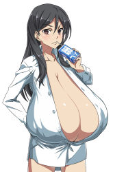 Rule 34 | 1girl, alternate breast size, black hair, blush, breast expansion, breasts, brown eyes, bursting breasts, buttons, cleavage, feet out of frame, female focus, fukiyose seiri, gigantic breasts, hair between eyes, hand up, holding, juice box, light blush, long hair, long sleeve shirt, long sleeves, looking at viewer, sagging breasts, shiny skin, shirt, simple background, solo, source request, standing, t-shirt, thighs, toaru majutsu no index, touryou, undersized clothes, v-shaped eyebrows, white background, white shirt