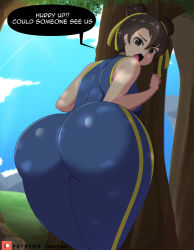 Rule 34 | 1girl, against tree, ass, ass focus, black eyes, brown hair, capcom, chun-li, double bun, earrings, english text, fake face, female focus, hair bun, highres, huge ass, jewelry, looking at viewer, looking back, outdoors, solo, street fighter, tagme, thick thighs, thighs, tree, wide hips