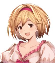 Rule 34 | 1girl, absurdres, annno ans, blonde hair, blush, bow, breasts, brown hair, collarbone, commentary request, djeeta (granblue fantasy), frills, granblue fantasy, hair ornament, hairband, highres, lips, looking at viewer, medium breasts, open mouth, puffy sleeves, short hair, simple background, smile, solo, upper body, white background