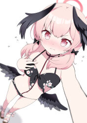 Rule 34 | bikini, black bikini, black bow, black wings, blue archive, blush, bow, floral print, hair bow, halo, hand on own chest, highres, koharu (blue archive), koharu (swimsuit) (blue archive), long hair, low wings, massala, navel, pink hair, pink halo, selfie, simple background, standing, swimsuit, white background, wings