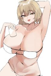 Rule 34 | 1girl, :d, ahoge, anis (nikke), anis (sparkling summer) (nikke), arm behind head, armpits, bare shoulders, bikini, breasts, can, cleavage, collarbone, eyepatch bikini, eyewear on head, goddess of victory: nikke, highres, holding, holding can, huge breasts, jewelry, light brown hair, navel, necklace, official alternate costume, open mouth, orange eyes, pink-tinted eyewear, short hair, simple background, skindentation, smile, solo, string bikini, sunglasses, swimsuit, tinted eyewear, unfinished, unknownnoname0, white background, white bikini