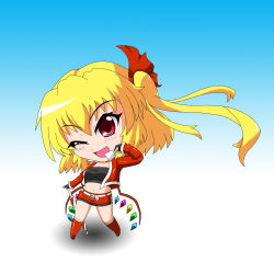 Rule 34 | 1girl, absurdres, alternate costume, bikini, bikini top only, blonde hair, blush, boots, borrowed design, chibi, flandre scarlet, gradient background, hat, hat ribbon, highres, kame nabe (artist), knee boots, midriff, navel, open mouth, race queen, red eyes, ribbon, shoes, short shorts, shorts, smile, solo, swimsuit, touhou, wings