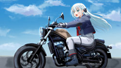 Rule 34 | 1girl, :d, black choker, blue hair, blue jacket, blue sky, choker, commission, day, driving, from side, gloves, green eyes, hair ornament, honda, hood, hood down, hooded jacket, indie virtual youtuber, ishii hisao, jacket, long hair, making-of available, motor vehicle, motorcycle, open clothes, open jacket, open mouth, outdoors, pants, riding, shairu (vtuber), skeb commission, sky, smile, solo, star (symbol), star hair ornament, vehicle focus, virtual youtuber, white gloves, white pants