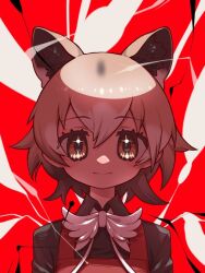 Rule 34 | + +, 1girl, animal ears, black shirt, bow, bowtie, brown eyes, brown hair, dog ears, dog girl, dress, extra ears, kemono friends, looking at viewer, new guinea highland wild dog (kemono friends), notora, red background, red dress, shirt, short hair, simple background, solo, white bow, white bowtie