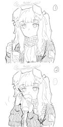 Rule 34 | ..., 1girl, animal ears, blue archive, blush, cup, dog ears, drinking straw, greyscale, halo, hands up, hariyaa, hibiki (blue archive), highres, holding, holding cup, holding drinking straw, jacket, long hair, long sleeves, looking at viewer, monochrome, scarf, sequential, sidelocks, simple background, spoken ellipsis, spot color