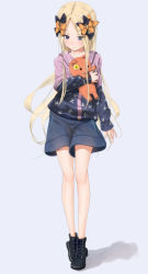 Rule 34 | 1girl, abigail williams (fate), alternate costume, black bow, black footwear, black shorts, blonde hair, blush, boots, bow, closed mouth, commentary request, cross-laced footwear, eyes visible through hair, fate/grand order, fate (series), flower, full body, grey background, hair bow, hood, hood down, lace-up boots, long hair, long sleeves, multiple hair bows, hugging object, orange bow, parted bangs, sakazakinchan, shadow, shirt, short shorts, shorts, sleeves past wrists, solo, standing, stuffed animal, stuffed toy, teddy bear, very long hair, yellow flower