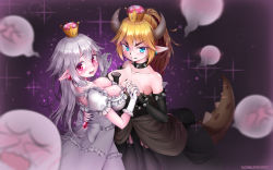 Rule 34 | &gt;:), amatou (ko me 9), black dress, blonde hair, blue eyes, blush, bowsette, breast press, breasts, cleavage, dress, frilled dress, frills, garter straps, ghost, highres, holding hands, horns, large breasts, long hair, luigi&#039;s mansion, mario (series), nintendo, ponytail, princess king boo, red eyes, sparkle background, symmetrical docking, tail, white dress, white hair