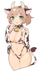 Rule 34 | 1girl, :3, animal ears, animal print, bell, neck bell, bikini, black choker, black ribbon, bridal gauntlets, bright pupils, brown hair, choker, collar, commentary, commission, cow ears, cow girl, cow horns, cow print, cow tail, cowbell, cowboy shot, cropped legs, elbow gloves, english commentary, gloves, green eyes, halphelt, hand up, highleg, highleg bikini, highres, horns, legs together, looking at viewer, navel, neck bell, neck ribbon, original, parted lips, pink lips, ponytail, ribbon, simple background, smile, solo, standing, swimsuit, tail, thigh gap, two-tone ribbon, white background, white pupils, white ribbon