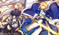 Rule 34 | 2girls, armor, artoria pendragon (all), artoria pendragon (fate), back-to-back, black legwear, blonde hair, blue dress, blue eyes, breastplate, dress, excalibur (fate/stay night), fate/apocrypha, fate/grand order, fate/stay night, fate (series), faulds, flag, fur trim, gauntlets, glowing, glowing sword, glowing weapon, green eyes, headpiece, holding, holding flag, holding sword, holding weapon, jeanne d&#039;arc (fate), jeanne d&#039;arc (ruler) (fate), juliet sleeves, kauto, long dress, long hair, long sleeves, looking at viewer, multiple girls, puffy sleeves, saber (fate), sheath, sheathed, standing, sword, thighhighs, twitter username, weapon