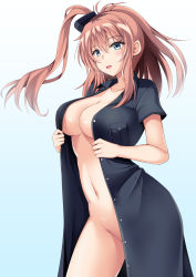 Rule 34 | 1girl, bad id, bad pixiv id, black dress, blue background, blue eyes, breast pocket, breasts, brown hair, collarbone, commentary, cowboy shot, dress, english commentary, gradient background, hair between eyes, hair ornament, highres, kantai collection, large breasts, navel, no bra, no panties, open clothes, pocket, ponytail, saratoga (kancolle), side ponytail, sidelocks, smokestack, solo, standing, white background, yamato (083)