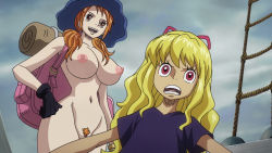 Rule 34 | 2girls, animal ears, bag, blonde hair, breasts, bush, cat ears, clothed female nude female, covered erect nipples, curvy, exhibitionism, hand on own hip, hat, highres, large breasts, long hair, low twintails, multiple girls, nami (one piece), nipples, nude, nude filter, olga myskina, one piece, one piece heart of gold, open mouth, orange hair, public indecency, pussy, screencap, standing, third-party edit, twintails, uncensored