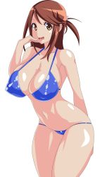 Rule 34 | 10s, 1girl, absurdres, bikini, breasts, brown eyes, brown hair, cleavage, covered erect nipples, highres, iida nana, large breasts, leaning forward, long hair, looking at viewer, open mouth, puffy nipples, rail wars!, smile, solo, standing, swimsuit, tagme