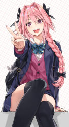 Rule 34 | 1boy, astolfo (fate), black bow, black thighhighs, blouse, blush, bow, braid, collared shirt, fate/apocrypha, fate (series), hair intakes, highres, long braid, long hair, long sleeves, looking at viewer, male focus, open mouth, outstretched arm, pink hair, purple eyes, shirt, single braid, sitting, smile, solo, thighhighs, thighs, trap, v, white shirt, yahako