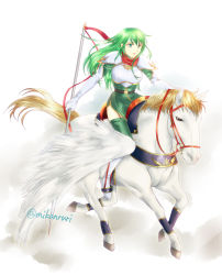 Rule 34 | 1girl, armor, elbow gloves, fire emblem, fire emblem: mystery of the emblem, gloves, green eyes, green hair, headband, highres, horseback riding, lance, long hair, matching hair/eyes, nintendo, palla (fire emblem), pegasus, pegasus knight uniform (fire emblem), polearm, riding, ruri (magnolia), side slit, skirt, solo, spear, spear the gungnir, tail, thighhighs, twitter username, weapon, white background, white wings, wings