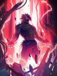 Rule 34 | abs, bare pectorals, biceps, cyborg, glowing, glowing eye, harness, heterochromia, highres, male focus, manly, mechanical arms, mechanical parts, muscular, muscular male, official art, omega rugal, open hands, pants, pectorals, rugal bernstein, single mechanical arm, snk, solo, suspenders, suspenders slip, the king of fighters, the king of fighters &#039;95, the king of fighters all-stars