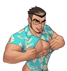 Rule 34 | 1boy, abs, absurdres, bara, black hair, blue shirt, eyebrow cut, facial hair, hawaiian shirt, helbai, highres, large pectorals, male focus, muscular, muscular male, one eye closed, open clothes, open shirt, original, pectorals, shirt, short hair, simple background, smile, solo, thick eyebrows, tongue, tongue out, upper body, white background