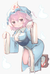 Rule 34 | 1girl, absurdres, blue hat, blue kimono, breasts, brown footwear, chii (tsumami tsumamare), full body, geta, ghost, grey background, hat, highres, japanese clothes, kimono, looking at viewer, mob cap, open mouth, pink eyes, pink hair, saigyouji yuyuko, sash, short hair, simple background, solo, touhou, triangular headpiece, wide sleeves
