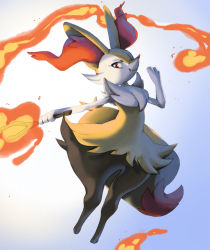 Rule 34 | animal nose, braixen, brown eyes, commentary, creature, creatures (company), english commentary, fire, full body, furry, game freak, gen 6 pokemon, highres, holding, holding stick, looking at viewer, nintendo, pinkgermy, pokemon, pokemon (creature), signature, simple background, smile, snout, solo, stick, white background