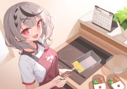 Rule 34 | 1girl, :d, apron, bento, black hair, braid, calendar (object), cooking, ear piercing, fang, food, from above, grey hair, hair ornament, highres, holding, hololive, looking at viewer, multicolored hair, open mouth, piercing, plant, potted plant, quarterlift, red apron, resolution mismatch, sakamata chloe, shirt, short sleeves, smile, solo, source smaller, streaked hair, virtual youtuber, white shirt, x hair ornament
