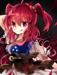 Rule 34 | 1girl, :q, ahoge, hair bobbles, hair ornament, looking at viewer, nikorashi-ka, obi, onozuka komachi, puffy short sleeves, puffy sleeves, red eyes, red hair, sash, short sleeves, smile, solo, tongue, tongue out, touhou, twintails, two side up, upper body, v-shaped eyebrows