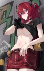 Rule 34 | 1girl, absurdres, arknights, belt, black choker, black gloves, black shirt, breasts, choker, clothes lift, demon horns, duplicate, gloves, highres, horns, large breasts, lifting own clothes, long hair, looking at viewer, mildt, navel, official alternate costume, purple eyes, red hair, red skirt, shirt, shirt lift, short sleeves, single glove, skirt, solo, stomach, surtr (arknights), surtr (liberte echec) (arknights), underboob, very long hair