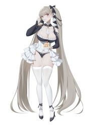 Rule 34 | 1girl, absurdly long hair, absurdres, azur lane, bare shoulders, between breasts, black panties, bow, bow panties, breasts, cake, choker, cleavage, eating, food, fork, formidable (azur lane), full body, gluteal fold, grey hair, hair bow, high heels, highres, invisible floor, long hair, no pants, panties, red eyes, simple background, smile, standing, tachi-e, thighhighs, twintails, underwear, very long hair, white background, white thighhighs, zzo (chorizzzzo)