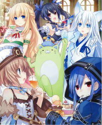 Rule 34 | 5girls, absurdres, alcohol, animal ears, bare shoulders, black hair, blanc (neptunia), blonde hair, blue eyes, blue hair, blush, braid, breasts, brown hair, cake, cleavage, creator connection, crossover, cup, drinking glass, eating, effole (fairy fencer f), ethel (fairy fencer f), fairy fencer f, food, food on face, fork, hair ornament, hat, highres, holding, holding cup, holding drinking glass, hood, hoodie, karin (fairy fencer f), long hair, looking at viewer, multiple girls, neptune (series), noire (neptunia), open mouth, plate, red eyes, ribbon, short hair, skirt, smile, tsunako, twintails, utensil in mouth, vert (neptunia), white hair, wine, wine glass