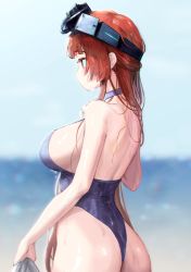 Rule 34 | 1girl, ass, blurry, blurry background, blush, breasts, character request, closed mouth, copyright request, day, from side, goggles, goggles on head, highres, holding, large breasts, last origin, leprechaun (last origin), long hair, mel (dodosae), ocean, one-piece swimsuit, outdoors, profile, red eyes, red hair, sideboob, sky, solo, swimsuit, water, wet, wet clothes, wet hair, wet swimsuit