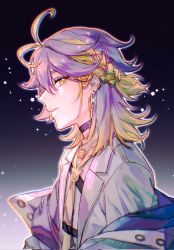 Rule 34 | 1boy, aster arcadia, blonde hair, blue hair, choker, ear piercing, earrings, facing to the side, gradient background, highres, jewelry, long sleeves, looking at viewer, male focus, multicolored hair, nijisanji, nijisanji en, piercing, purple hair, smile, solo, star (symbol), virtual youtuber, white hair, yellow eyes, yuan zhou