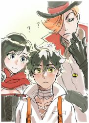 Rule 34 | 1girl, 2boys, bandages, black corset, black gloves, blouse, cloak, corset, freckles, gloves, green eyes, hair over one eye, hat, jacket, looking at another, looking at viewer, multiple boys, orange hair, oscar (rwby), oscar pine, red cloak, roman torchwick, roosterteeth, ruby rose, rwby, shirt, grey eyes, white shirt, white jacket, white shirt, yellow eyes