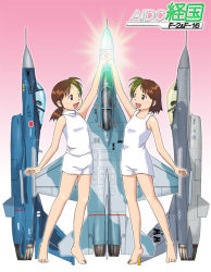 Rule 34 | 2girls, aircraft, airplane, bare shoulders, barefoot, black eyes, brown hair, canopy, character name, dress, f-16, f-2, f-ck-1, fighter jet, figure 17, holding hands, jet, look-alike, military, military vehicle, multiple girls, open mouth, original, parody, personification, ponytail, short hair, shorts, siblings, sisters, twins