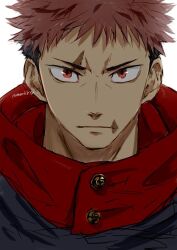 Rule 34 | 1boy, buttons, closed mouth, commentary request, itadori yuuji, jujutsu kaisen, looking at viewer, male focus, nori20170709, orange eyes, pink hair, portrait, scar, short bangs, short hair, simple background, solo, twitter username, white background