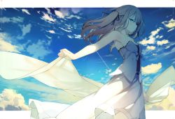 Rule 34 | 1girl, absurdres, armpits, bare arms, bare shoulders, black ribbon, blue eyes, blue sky, breasts, brown hair, closed mouth, cloud, cloudy sky, collarbone, contrail, dress, floating hair, hair ribbon, highres, holding, looking away, one side up, original, outstretched arms, ribbon, scan, sidelocks, sky, sleeveless, sleeveless dress, small breasts, solo, standing, strapless, strapless dress, sutorora, white dress