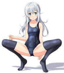 Rule 34 | 1girl, absurdres, black thighhighs, blue eyes, blue one-piece swimsuit, full body, hibiki (kancolle), highres, kantai collection, long hair, looking at viewer, old school swimsuit, one-piece swimsuit, parted lips, school swimsuit, silver hair, simple background, solo, squatting, swimsuit, takafumi, thighhighs, white background