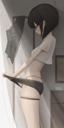 Rule 34 | 1girl, black hair, black panties, black shorts, bob cut, bra visible through clothes, breasts, closed mouth, commentary, genek, highres, indoors, original, panties, profile, shirt, short hair, short sleeves, shorts, small breasts, solo, standing, t-shirt, thigh strap, thighs, underwear, white shirt, yellow eyes