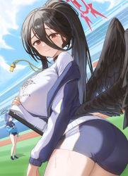 Rule 34 | 2girls, absurdres, angel, angel wings, ass, black hair, black wings, blue archive, blue sky, blush, breasts, cloud, day, feathered wings, hair between eyes, halo, hasumi (blue archive), hasumi (track) (blue archive), highres, huge breasts, jacket, long hair, looking at viewer, mole, multiple girls, off shoulder, oh kyoung hwan, outdoors, ponytail, red eyes, shirt, shorts, sky, star sticker, sticker on face, sweat, sweatdrop, whistle, wings, yuuka (blue archive), yuuka (track) (blue archive)