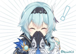 Rule 34 | !, 1girl, black gloves, blue hair, blue necktie, blush, closed eyes, covering own mouth, emphasis lines, eula (genshin impact), feathers, genshin impact, gloves, hairband, kaxukin, long sleeves, medium hair, motion lines, necktie, own hands together, sneezing, solo, twitter username, vambraces