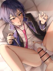 Rule 34 | 2boys, absurdres, bar censor, bed sheet, blazer, blue nails, blush, censored, commentary, dreamxiety, english commentary, erection, highres, jacket, kaito (vocaloid), leo/need kaito, lying, male focus, multiple boys, nail polish, necktie, on back, on bed, open clothes, open jacket, open mouth, partially unbuttoned, penis, pink necktie, project sekai, shirt, short hair, sidelighting, spread legs, sweat, vocaloid, wet spot, white shirt, yaoi