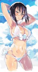 Rule 34 | 10s, 1girl, armpits, arms behind head, bare arms, bare shoulders, bikini, black hair, blue eyes, blue sky, blush, breasts, cleavage, closed mouth, cloud, cloudy sky, cowboy shot, cropped legs, day, frown, girls und panzer, hair between eyes, highres, kawashima momo, large breasts, looking at viewer, monocle, navel, norinco, outdoors, short hair, short hair with long locks, side-tie bikini bottom, sky, solo, standing, swimsuit, white bikini