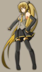Rule 34 | 1girl, absurdly long hair, akita neru, bad id, bad pixiv id, blonde hair, cellphone, detached sleeves, full body, hand on own hip, hip focus, long hair, metaphor (artist), necktie, phone, side ponytail, simple background, skirt, solo, thighhighs, very long hair, vocaloid, yellow eyes, yellow necktie