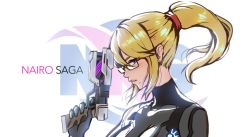 Rule 34 | 1girl, athenawyrm, backlighting, black bodysuit, blonde hair, blue eyes, blush, bodysuit, female focus, finger on trigger, from side, glasses, gun, hair between eyes, holding, holding gun, holding weapon, long hair, looking at viewer, looking to the side, metroid, mole, mole under mouth, neck, nintendo, parted lips, ponytail, samus aran, serious, shiny clothes, skin tight, solo, super smash bros., turtleneck, upper body, weapon, zero suit